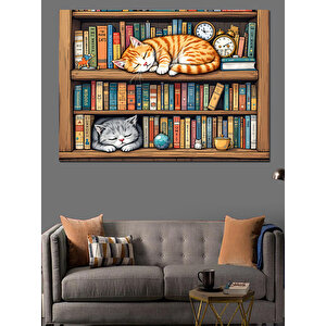 Kütüphanede Uyuyan Kedi Dekoratif Kanvas - Mdf Ahşap Tablo 100x140 cm