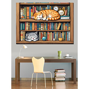 Kütüphanede Uyuyan Kedi Dekoratif Kanvas - Mdf Ahşap Tablo 100x140 cm