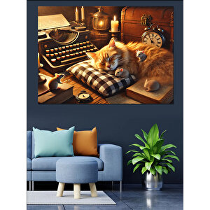 Vintage Saatler Ve Kedi Dekoratif Kanvas - Mdf Ahşap Tablo