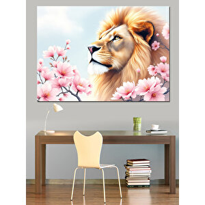 Sakura Yanında Aslan Dekoratif Kanvas - Mdf Ahşap Tablo
