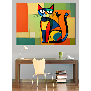 Soyut Renkli Kedi Dekoratif Kanvas - Mdf Ahşap Tablo 100x140 cm