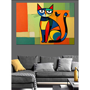 Soyut Renkli Kedi Dekoratif Kanvas - Mdf Ahşap Tablo 100x140 cm