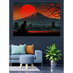 Gün Batımında Dağ Ve Kedi Dekoratif Kanvas - Mdf Ahşap Tablo 35x50 cm