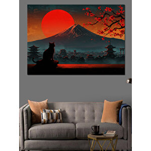 Gün Batımında Dağ Ve Kedi Dekoratif Kanvas - Mdf Ahşap Tablo 35x50 cm