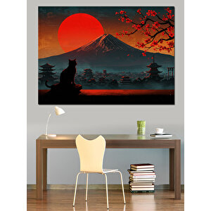 Gün Batımında Dağ Ve Kedi Dekoratif Kanvas - Mdf Ahşap Tablo 35x50 cm