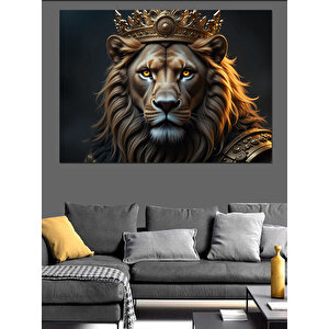 Altın Taçlı Asil Aslan Dekoratif Kanvas - Mdf Ahşap Tablo