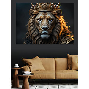 Altın Taçlı Asil Aslan Dekoratif Kanvas - Mdf Ahşap Tablo