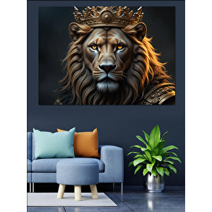 Altın Taçlı Asil Aslan Dekoratif Kanvas - Mdf Ahşap Tablo 100x140 cm