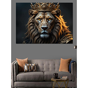 Altın Taçlı Asil Aslan Dekoratif Kanvas - Mdf Ahşap Tablo 100x140 cm
