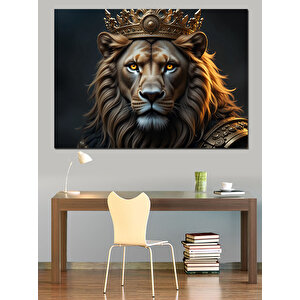 Altın Taçlı Asil Aslan Dekoratif Kanvas - Mdf Ahşap Tablo 100x140 cm