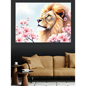 Sakura Yanında Aslan Dekoratif Kanvas - Mdf Ahşap Tablo 100x140 cm