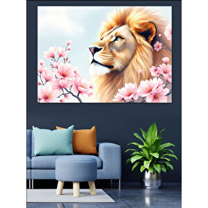 Sakura Yanında Aslan Dekoratif Kanvas - Mdf Ahşap Tablo 100x140 cm