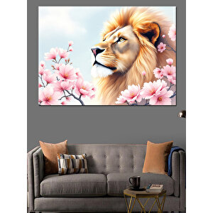 Sakura Yanında Aslan Dekoratif Kanvas - Mdf Ahşap Tablo 100x140 cm