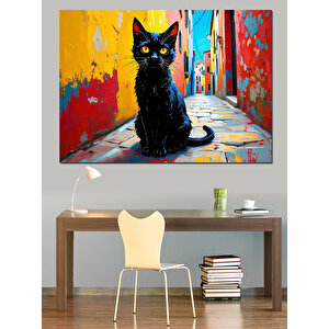 Dar Sokakta Siyah Kedi Dekoratif Kanvas - Mdf Ahşap Tablo 50x70 cm