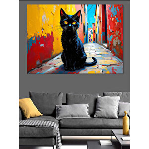 Dar Sokakta Siyah Kedi Dekoratif Kanvas - Mdf Ahşap Tablo 50x70 cm
