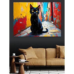 Dar Sokakta Siyah Kedi Dekoratif Kanvas - Mdf Ahşap Tablo 50x70 cm