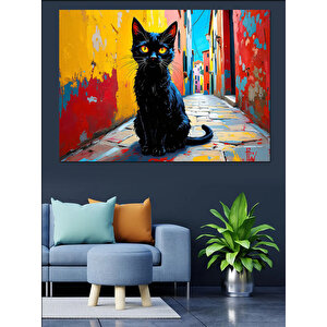 Dar Sokakta Siyah Kedi Dekoratif Kanvas - Mdf Ahşap Tablo