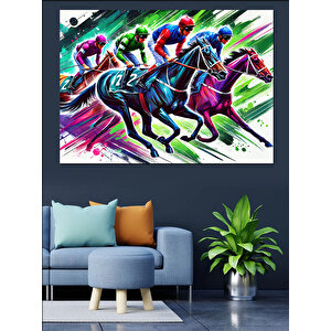 Renk Patlamalı Jokey Yarışı Dekoratif Kanvas - Mdf Ahşap Tablo 100x140 cm