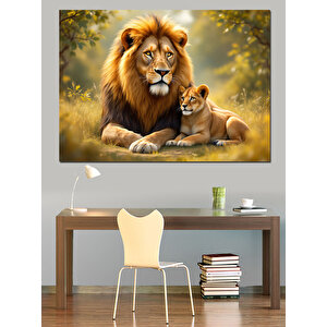 Aslan Ve Yavru Doğada Dekoratif Kanvas - Mdf Ahşap Tablo 50x70 cm