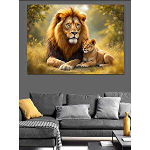 Aslan Ve Yavru Doğada Dekoratif Kanvas - Mdf Ahşap Tablo
