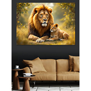Aslan Ve Yavru Doğada Dekoratif Kanvas - Mdf Ahşap Tablo
