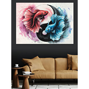 Yin-yang Dövüş Balıkları Dekoratif Kanvas - Mdf Ahşap Tablo 25x35 cm