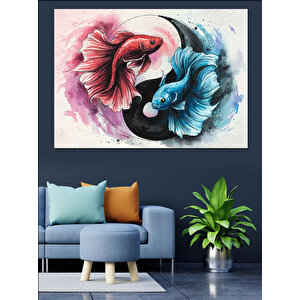 Yin-yang Dövüş Balıkları Dekoratif Kanvas - Mdf Ahşap Tablo 25x35 cm