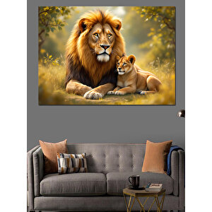 Aslan Ve Yavru Doğada Dekoratif Kanvas - Mdf Ahşap Tablo 35x50 cm