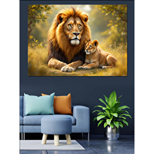 Aslan Ve Yavru Doğada Dekoratif Kanvas - Mdf Ahşap Tablo 70x100 cm