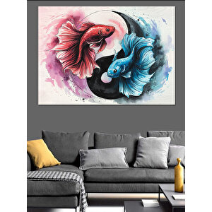 Yin-yang Dövüş Balıkları Dekoratif Kanvas - Mdf Ahşap Tablo 35x50 cm