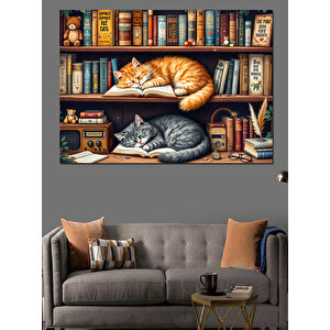 Kitaplıkta Uyuyan Kediler Dekoratif Kanvas - Mdf Ahşap Tablo 100x140 cm