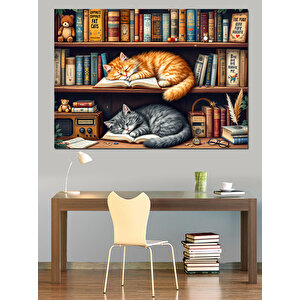 Kitaplıkta Uyuyan Kediler Dekoratif Kanvas - Mdf Ahşap Tablo 100x140 cm