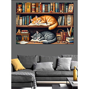 Kitaplıkta Uyuyan Kediler Dekoratif Kanvas - Mdf Ahşap Tablo 100x140 cm