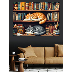 Kitaplıkta Uyuyan Kediler Dekoratif Kanvas - Mdf Ahşap Tablo