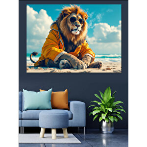 Kumsalda Oturan Aslan Dekoratif Kanvas - Mdf Ahşap Tablo 25x35 cm