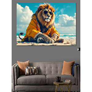 Kumsalda Oturan Aslan Dekoratif Kanvas - Mdf Ahşap Tablo