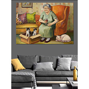 Yaşlı Kadın Ve Kediler Dekoratif Kanvas - Mdf Ahşap Tablo