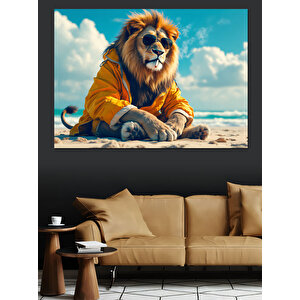 Kumsalda Oturan Aslan Dekoratif Kanvas - Mdf Ahşap Tablo 70x100 cm