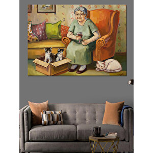 Yaşlı Kadın Ve Kediler Dekoratif Kanvas - Mdf Ahşap Tablo 100x140 cm