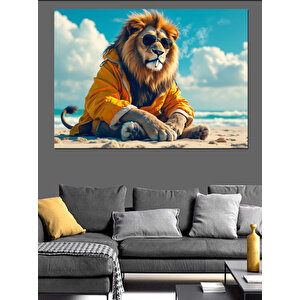 Kumsalda Oturan Aslan Dekoratif Kanvas - Mdf Ahşap Tablo 35x50 cm