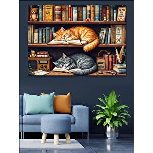 Kitaplıkta Uyuyan Kediler Dekoratif Kanvas - Mdf Ahşap Tablo
