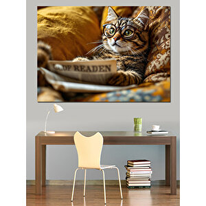 Gazete Okuyan Tembel Sevimli Kedi Dekoratif Kanvas - Mdf Ahşap Tablo 25x35 cm