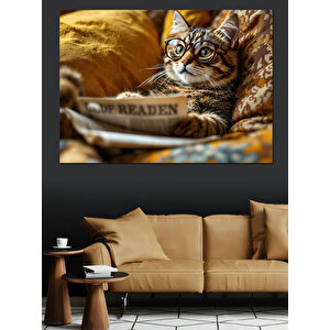 Gazete Okuyan Tembel Sevimli Kedi Dekoratif Kanvas - Mdf Ahşap Tablo