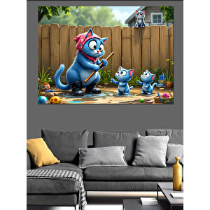 Çit Önünde Mavi Kediler Dekoratif Kanvas - Mdf Ahşap Tablo 100x140 cm