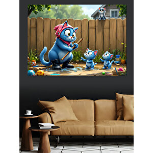 Çit Önünde Mavi Kediler Dekoratif Kanvas - Mdf Ahşap Tablo 100x140 cm