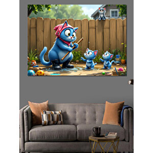 Çit Önünde Mavi Kediler Dekoratif Kanvas - Mdf Ahşap Tablo