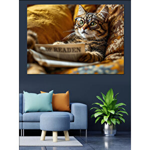 Gazete Okuyan Tembel Sevimli Kedi Dekoratif Kanvas - Mdf Ahşap Tablo