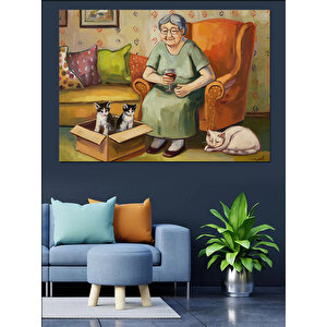 Yaşlı Kadın Ve Kediler Dekoratif Kanvas - Mdf Ahşap Tablo 70x100 cm
