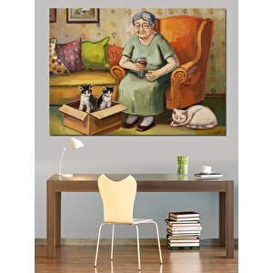 Yaşlı Kadın Ve Kediler Dekoratif Kanvas - Mdf Ahşap Tablo 70x100 cm