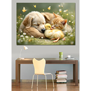 Köpek Ve Kedi Uyuyor Dekoratif Kanvas - Mdf Ahşap Tablo 100x140 cm